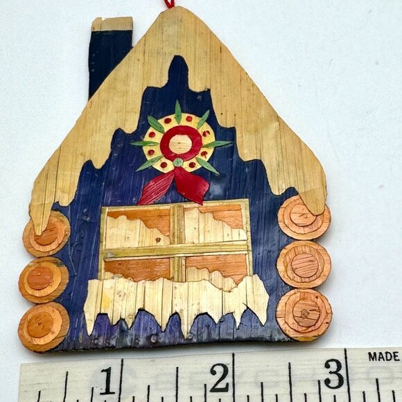 Vintage Christmas Ornament Wood Blue Brown Winter House With Wreath - Picture 3 of 4